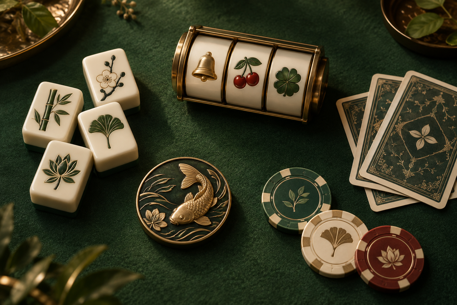 Ilustrasi ubin mahjong, gulungan slot, kartu dan keping di meja kasino hijau